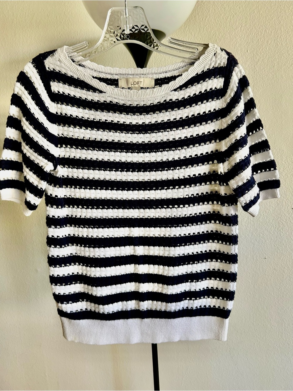 LOFT Navy and White Striped Short-Sleeve Crewneck Sweater